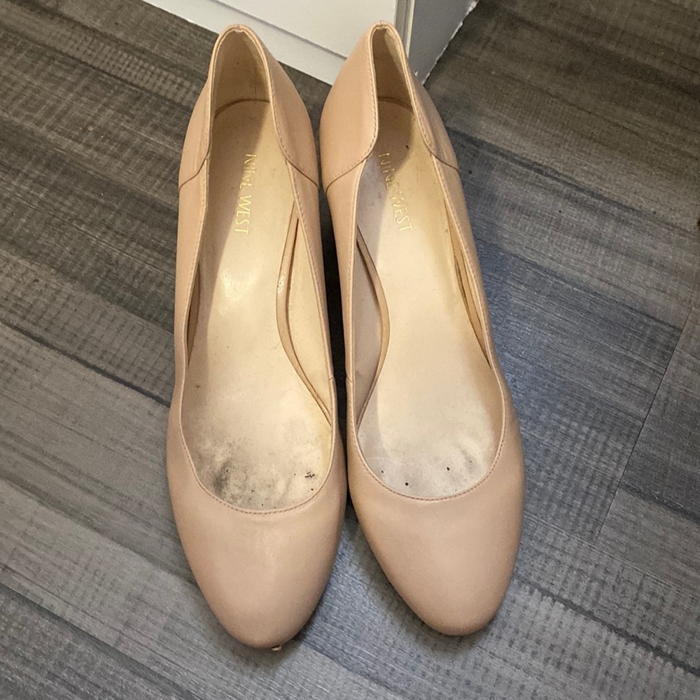 Beige block heels